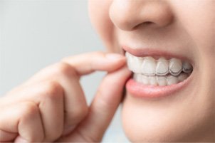 Closeup of patient putting her aligners in place